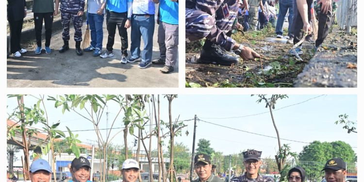 Sinergitas Lanudal Juanda Bersama Forkopimda, Tanam 1000 Pohon Puli Dan Kerja Bakti Massal Di Bundaran Fly Over Aloha Sidoarjo