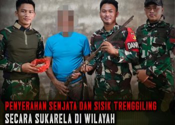 Satgas Pamtas RI Malaysia Yonarmed 19/Bogani Terima Penyerahan Senjata Rakitan dan Sisik Trenggiling Dari Masyarakat