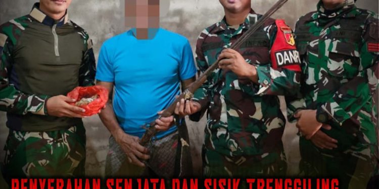 Satgas Pamtas RI Malaysia Yonarmed 19/Bogani Terima Penyerahan Senjata Rakitan dan Sisik Trenggiling Dari Masyarakat